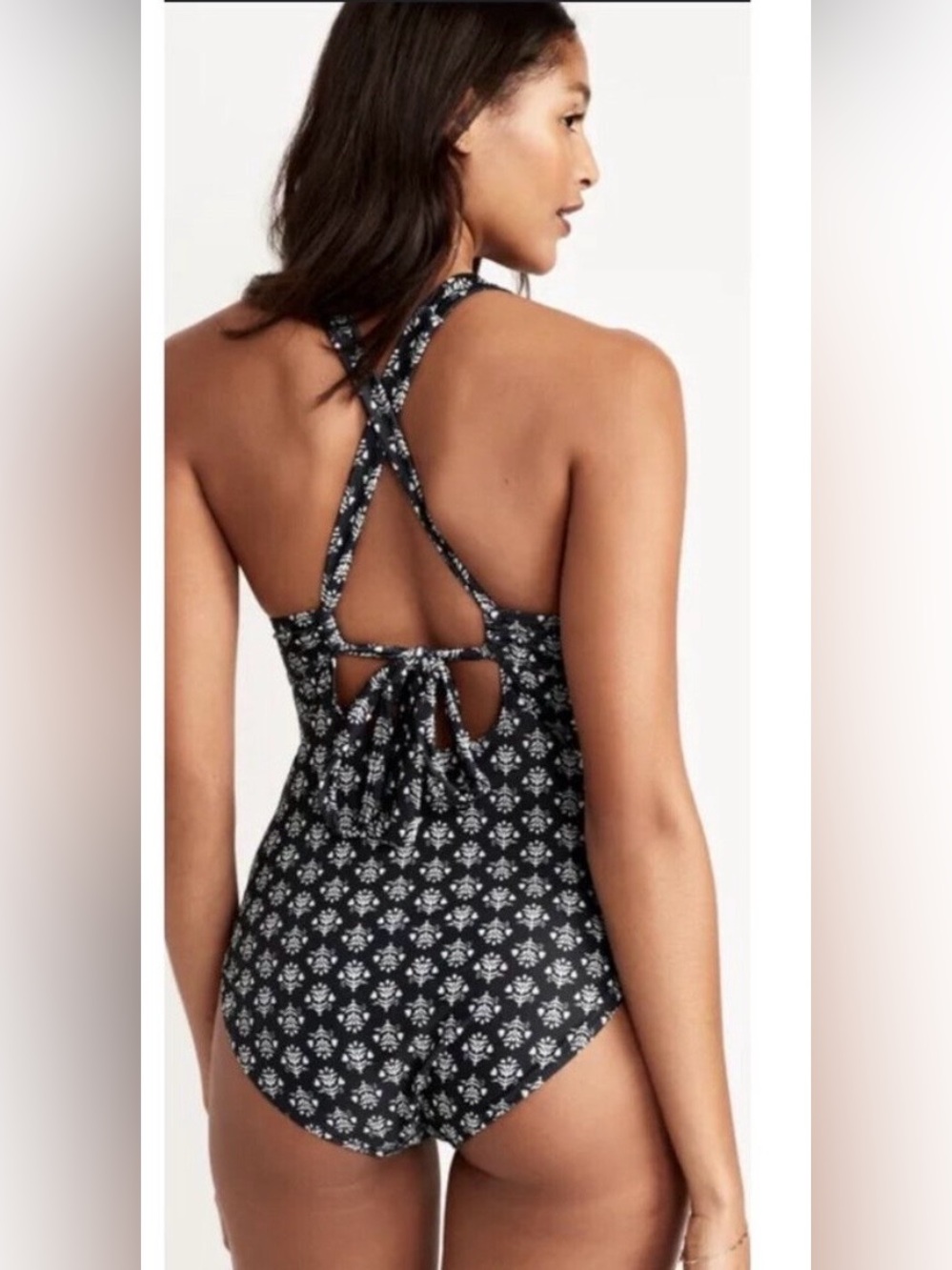 OLD NAVY Plunge V-neck Black Gray Flower Tie Back One Piece Swimsuit NWT Size L - Picture 3 of 12